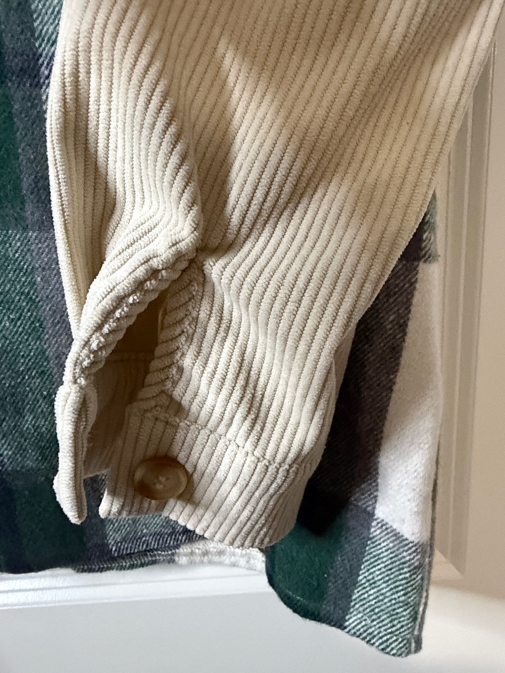 SHEIN Green, Cream and Gray Plaid Corduroy-Sleeve Button-Down Shacket - Picture 2 of 7